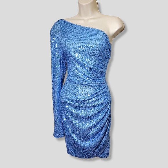 NWT Fashion Nova Blue First Strike Sequin One Shoulder Mini Dress - Picture 8 of 12